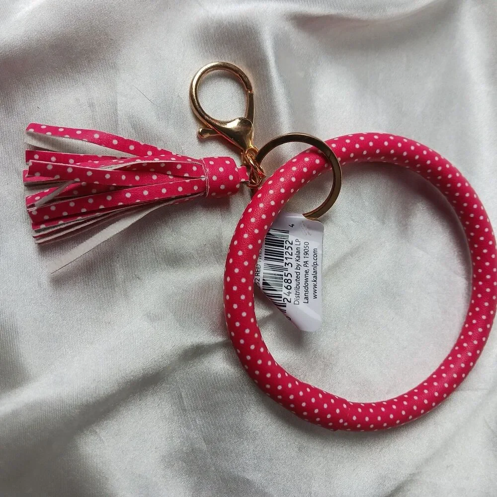 PINK POLKA DOT BRACELET KEYCHAIN WITH TASSEL
